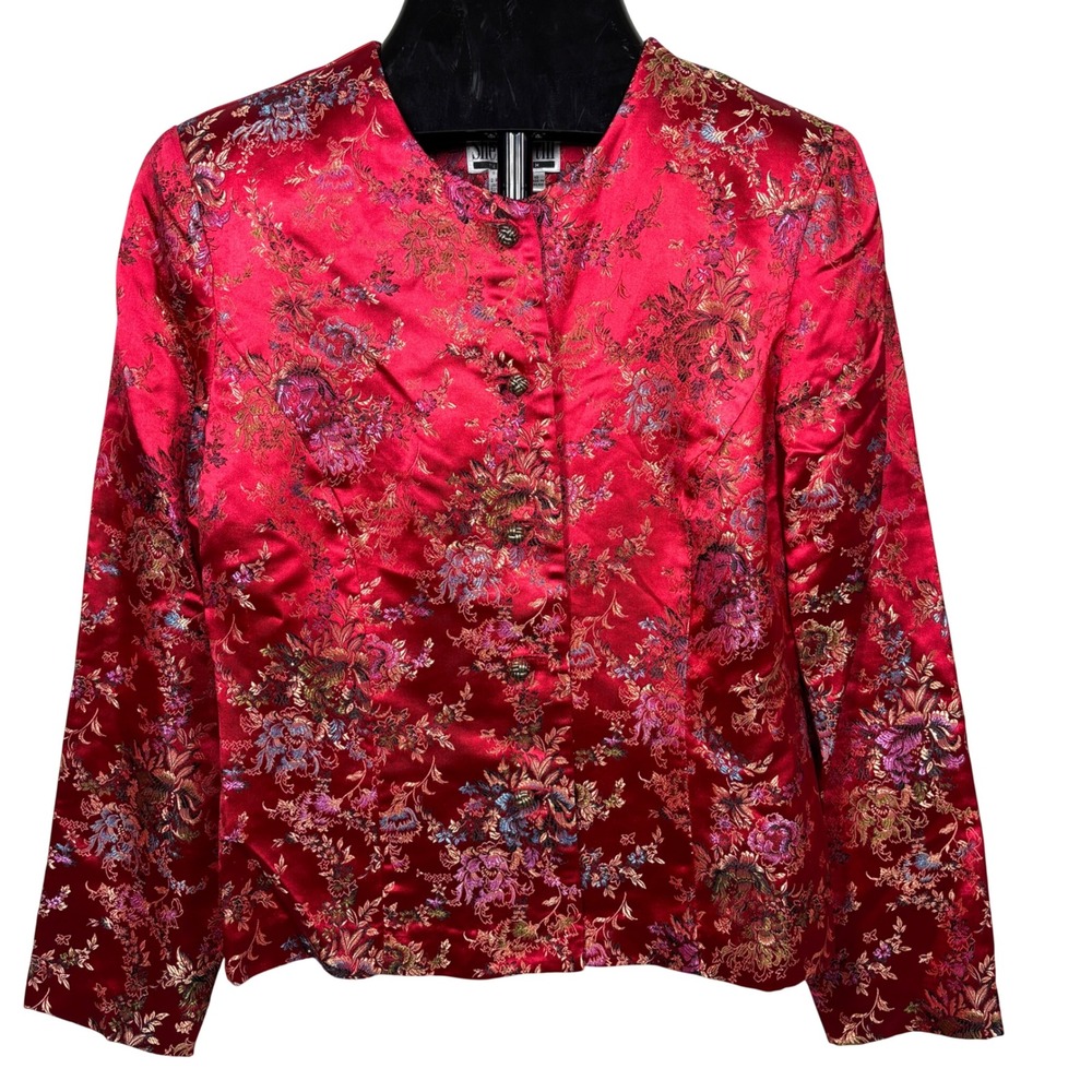 Sheri Martin New York Red Floral Brocade Jacquard Blazer Jacket Vintage Size 10